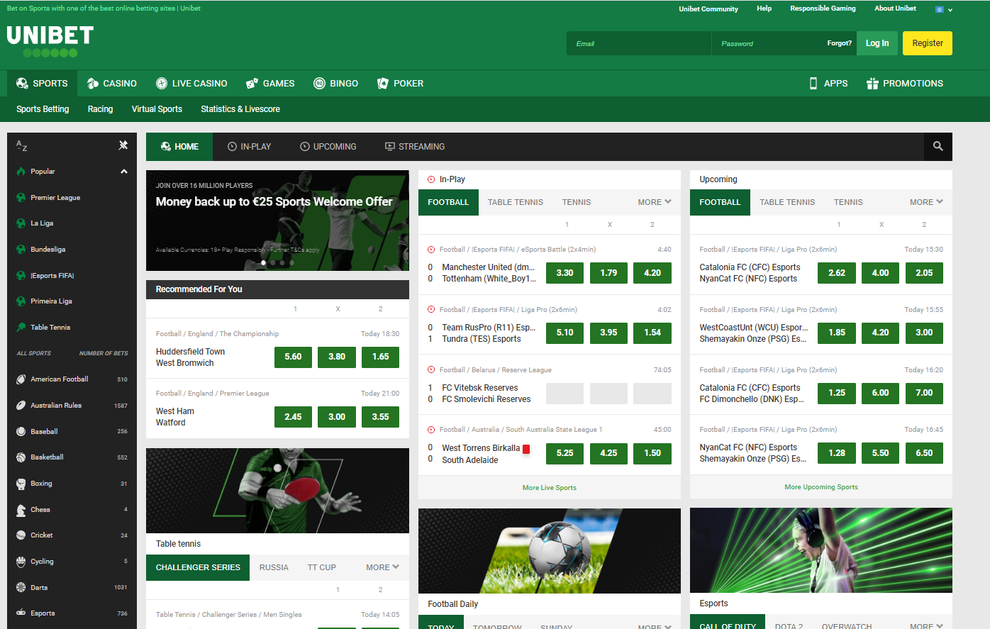 Unibet почетна страна за обложување